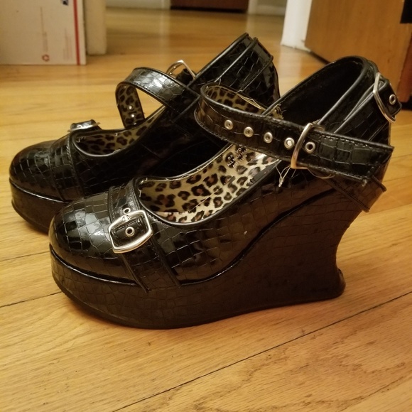 Demonia Shoes - Black, crocodile print platform wedges